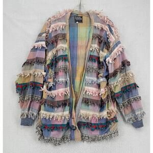 Vintage Paula Sweet Muslin Mink Multicolor Pastel Plaid Fringe Jacket Sz M